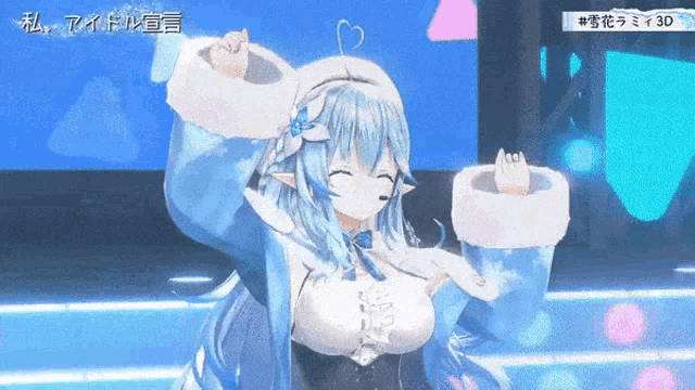 a 3d anime girl with blue hair is dancing on stage