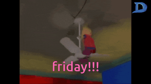 a cartoon character is hanging from a ceiling with the words friday !!! behind him