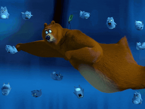 a cartoon bear is swimming in the water with a bunch of animals around him