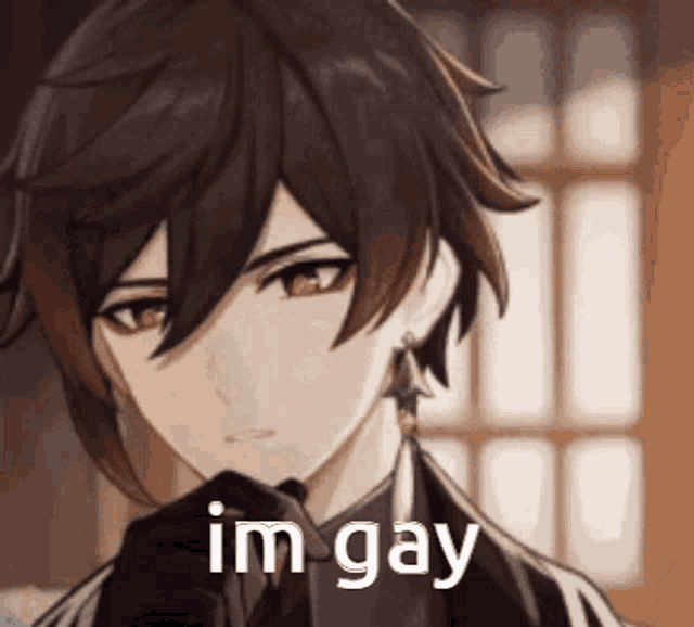 a close up of a anime character with the words `` i 'm gay '' written on his face .