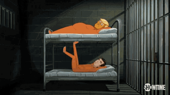 a cartoon of a man laying on a bunk bed with showtime written in the corner