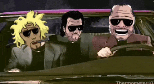 three cartoon characters are driving a car and one of them is wearing sunglasses .