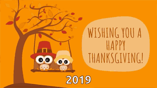 two owls sitting on a swing under a tree wishing you a happy thanksgiving in 2019