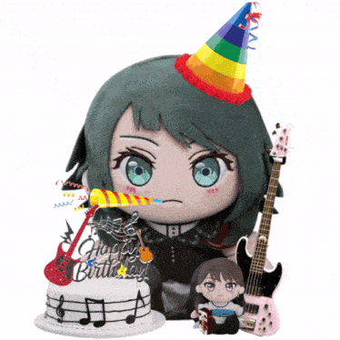a stuffed animal with a birthday hat and a cake that says happy birthday on it
