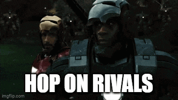 a gif of iron man and war machine with the words hop on rivals