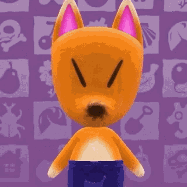 a stuffed animal is standing in front of a purple background with icons .