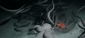 a woman is laying on the ground in the dark surrounded by a group of crabs .