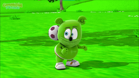a green gummy bear with a soccer ball on his head from gummy bears & friends