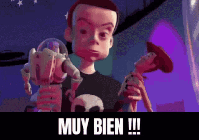 a cartoon character from toy story is holding buzz lightyear