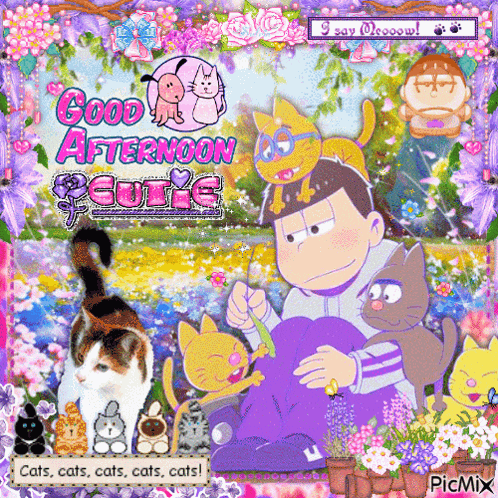 a good afternoon greeting card with cats and flowers