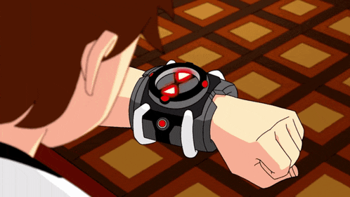 a cartoon character is wearing a watch that has a red button on it
