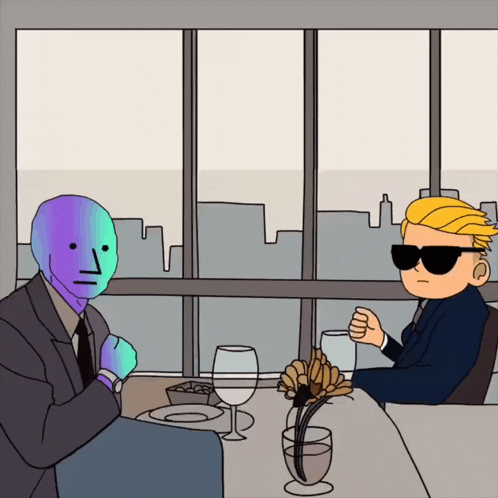 a cartoon of two people sitting at a table