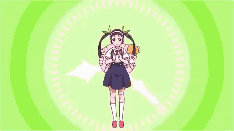 a girl in a school uniform is standing in front of a purple clock