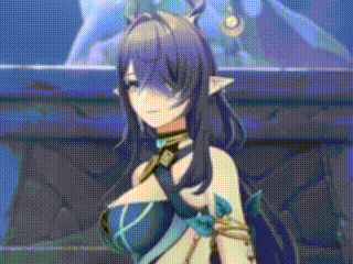 a girl with long purple hair and horns is standing in front of a blue wall .