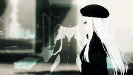 a black and white cartoon of a girl with long white hair and a beret standing next to another girl .