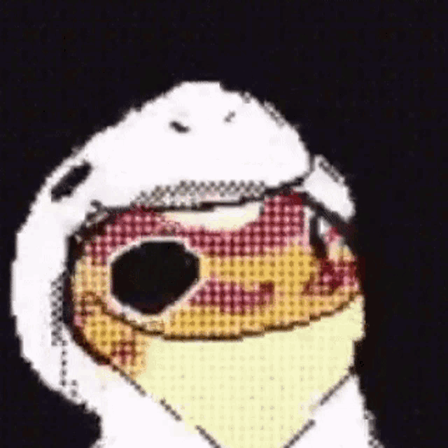 a close up of a cartoon character wearing a helmet and glasses .