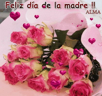 a bouquet of pink roses with hearts and the words feliz dia de la madre on the bottom