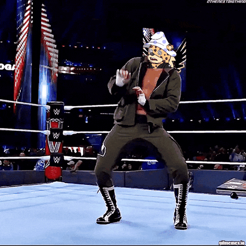 a wrestler with a cheetah head is dancing in a ring