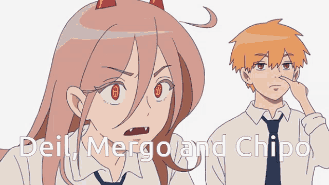a cartoon of a girl with horns and a boy with his nose in his hand with the caption deil mergo and chipo