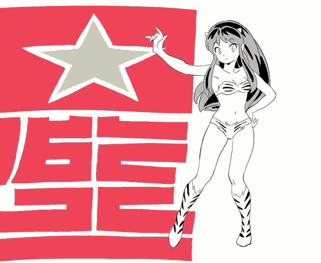 a black and white drawing of a girl standing in front of a red flag with a yellow star