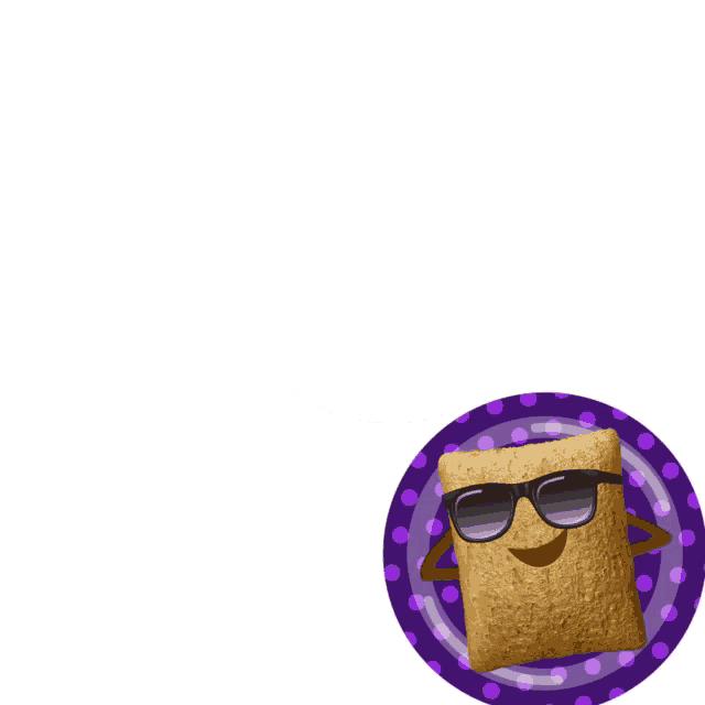 a cartoon of a cereal bar wearing sunglasses on a purple plate