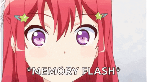a close up of a red haired anime girl with purple eyes and the words `` memory flash '' written below her .