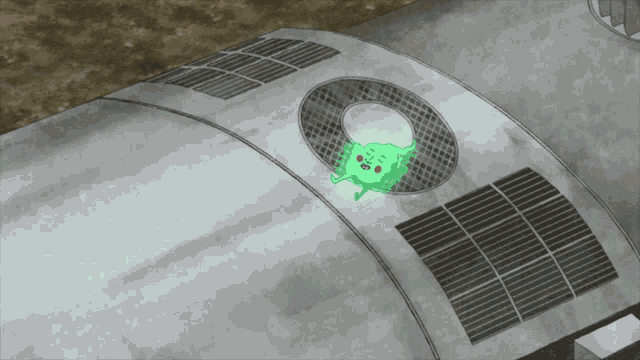 a black and white drawing of a green object with a heart on its face