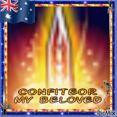 a picture that says " confiteor my beloved " with a flag in the background