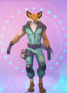 a fox in a blue jumpsuit is standing in front of a circle of squares