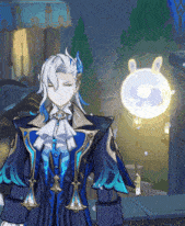 a man with white hair and a blue coat is standing in front of a light