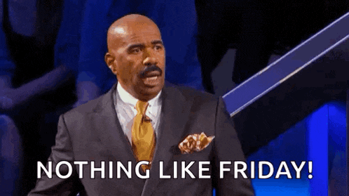 a bald man in a suit and tie is saying `` nothing like friday '' .