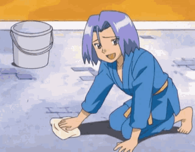 a cartoon character is kneeling on the floor cleaning the floor with a towel .