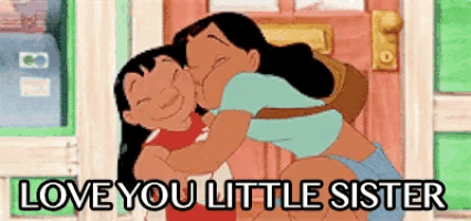 a cartoon of a woman hugging another woman with the words `` love you little sister '' written below them .