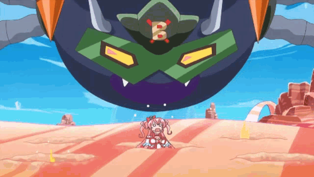 a girl with pink hair is standing in front of a monster with the letter b on it 's head