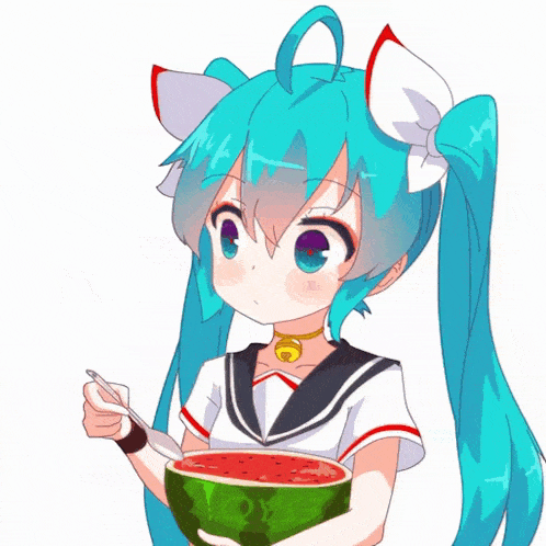 a cartoon girl is eating a watermelon with a fork