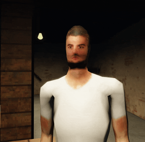 a computer generated image of a man in a white shirt standing in a dark room