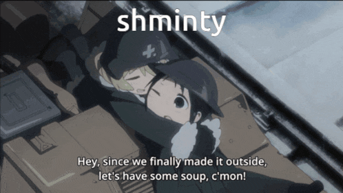 a cartoon of a girl hugging another girl with the word shminty on top
