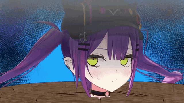 a girl with purple hair and green eyes is wearing a black hat with the letters cg on it