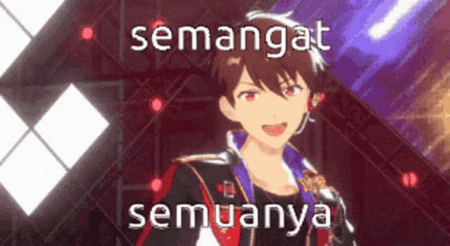 a pixel art of a boy with the words semangat semuanya