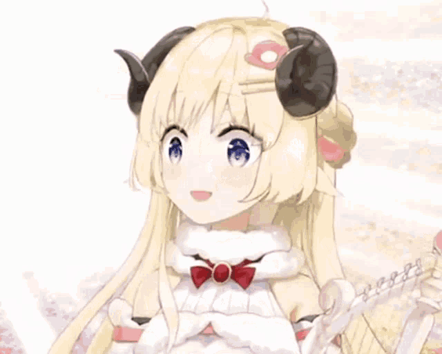 a close up of a anime girl with horns and a bow .