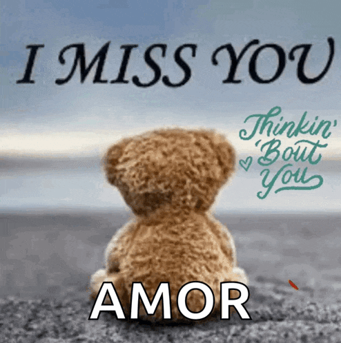 a teddy bear is sitting on a beach with the words i miss you