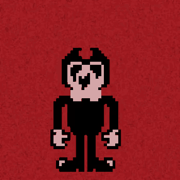 a pixel art of bendy from bendy and the ink machine is standing on a red carpet .