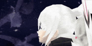 a cartoon character with white hair is standing in front of a dark background