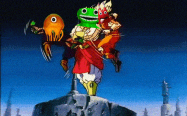 a group of cartoon characters are standing on top of a rock including a green monster
