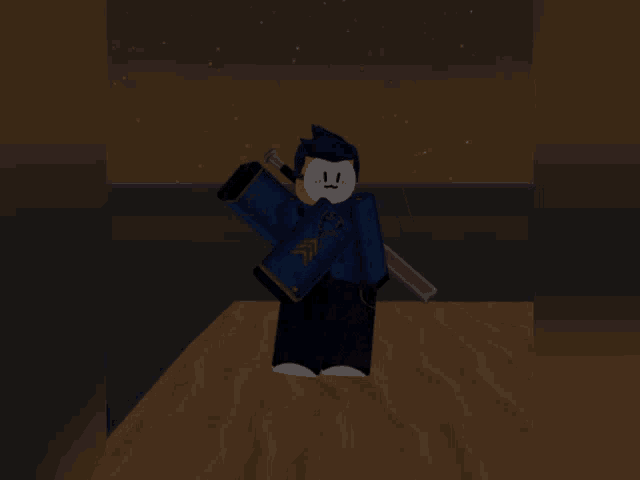 a cartoon character is standing on a dock with a sword