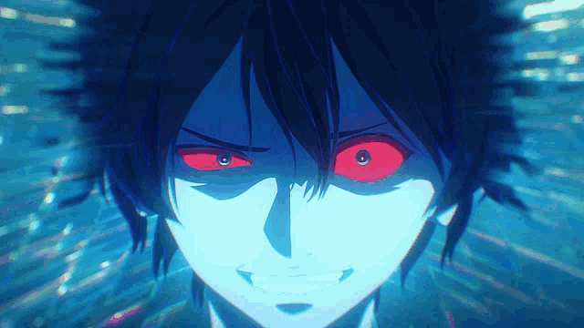 a close up of a person with red eyes and blue hair