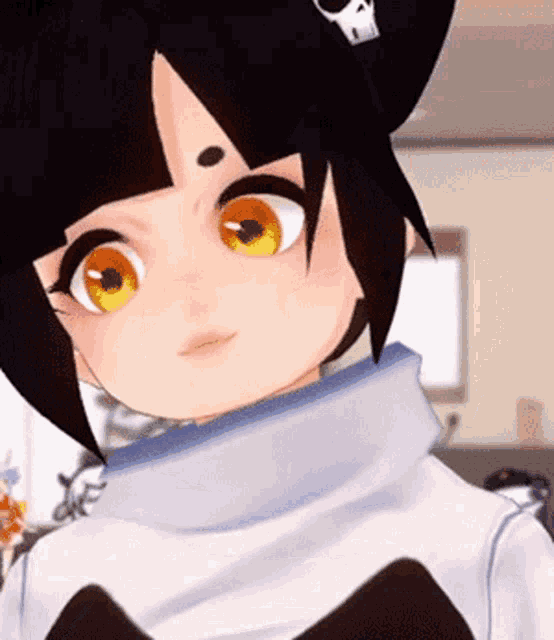a close up of a cartoon character 's face with a skull on her head