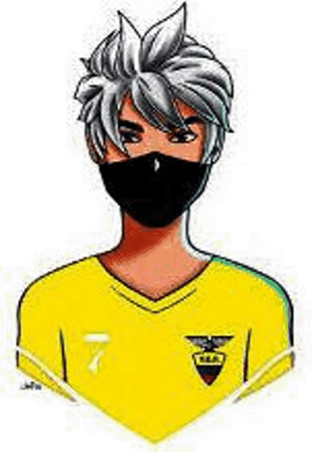a man wearing a yellow shirt and a black mask .