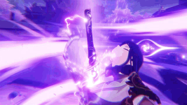 a woman is holding a purple lightning bolt in her hand .