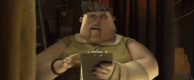 a cartoon character is holding a clipboard and looking at the camera